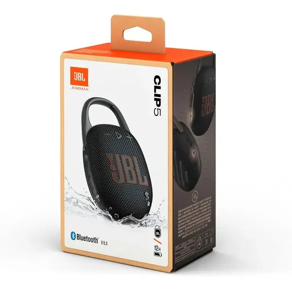 JBL Clip 5, Enceinte Bluetooth ultra-portable, mousqueton intégré, son JBL Pro, basses percutantes, 12 heures d'autonomie, fonction Playtime Boost, résistante à l'eau et à la poussière IP67, en noir